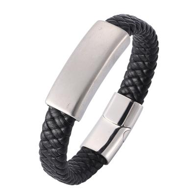 China Stainless Steel Punk Leather Braided Magnetic Clasps Bracelets Vintage Jewelry Wrist Band Male Friend Gift PW788 for sale