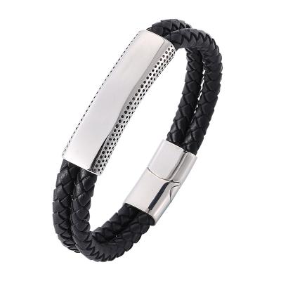 China Vintage Leather Bracelet For Men's Hand Rope Chain Stainless Steel Black Braided Leather Magnetic Clasps Male Jewelry PW804 for sale