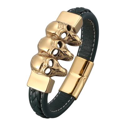 China Punk Leather Magnetic Gothic Bracelets Buckle Stainless Steel Gold Mens Skull Bangle Male Party Jewelry SP0829 for sale