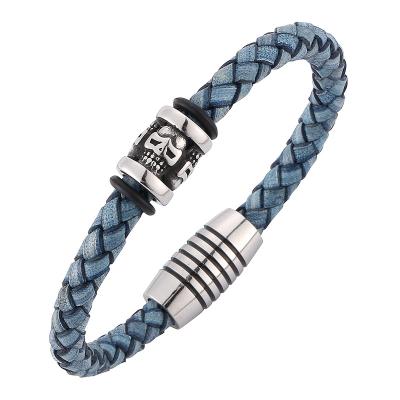 China Vintage Skeleton Punk Skull Men Bracelet Braided Bracelet Leather Magnetic Clasp Wrist Band Male Man Jewelry SP0195-7 for sale