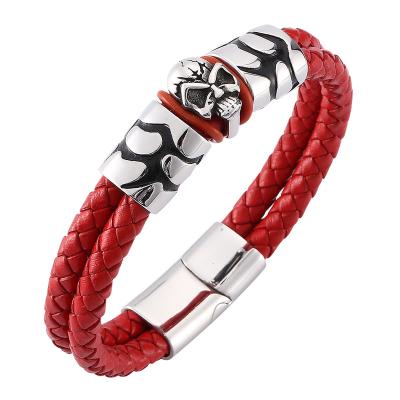 China Men's Punk Red Braided Leather Bracelet Layer Jewelry Skeleton Magnetic Stainless Steel Clasp Skull Bangle Bracelet SP0130 for sale