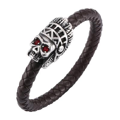 China Brown Punk Skeleton Leather Braided Bracelet Stainless Steel Jewelry Magnetic Clasps Cool Man Skull Bracelet SP0141 for sale