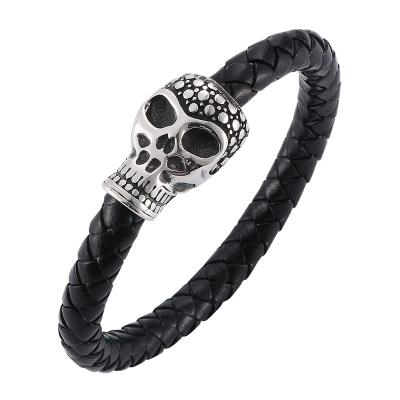 China Vintage Jewelry Bracelets & Bangles Skull Stainless Steel Clasp Fashion Black Braided Leather Magnetic Bracelet For Man SP0062 for sale