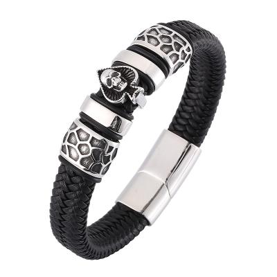 China Skeleton bracelets SP0122 stainless steel punk leather punk magnetic clasp bracelet men jewelry skull shovels bracelet bangle bracelet for sale