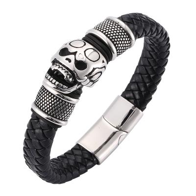 China Skeleton jewelry SP0069 men's bracelet skull charm bracelet men's bracelet punk stainless steel handmade leather magnetic clasps for sale