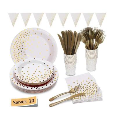 China New Minimalist Polka Dot White Theme Birthday Party Decoration Event Party Bronzed Tableware Set Party Disposable Disposable Tableware for sale