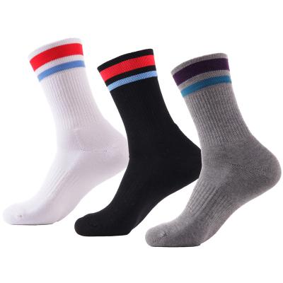 China Wholesale High Quality Breathable Anti-skid Stripe Women Crew Sports Socks Terry White Black Gray In 3 Pairs Per Pack for sale