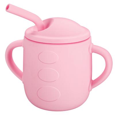 China BPA Free Silicone Baby Sippy Training Straw Cup with Handles and Lid, Tiny Infant Cup 5oz, 6 Months+ Puddle Proof Pink for sale