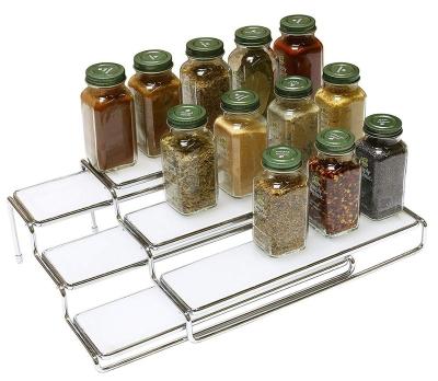 China Expandable 3 Tier Cabinet Spice Rack Standing Expandable Step Shelf Organizer, Slim Chrome Spice Rack for sale