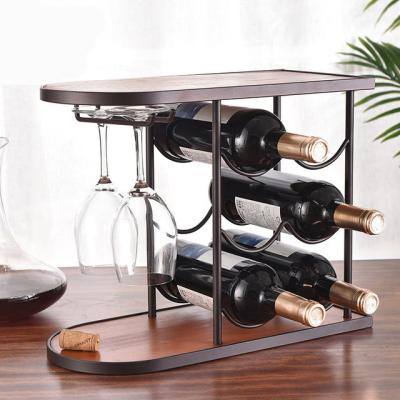 China Sturdy Rustic Classic European Style Wood And Metal Countertop 6 Or 8 Bottles Wine Rack Viable With Cup Holder for sale