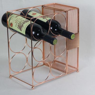 China Sustainable Countertop Rose Gold Color 6 Bottles Wine Rack Metal Iron Wine Rack Wine Rack With Socket Storage Cube for sale