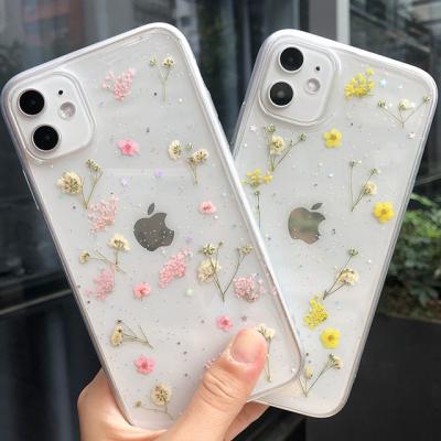 China Eco-friendly for real dry sublimation flower painting iphone 7 8 x Xs Xr 12 pro max clear glitter phone case 11 13 for sale