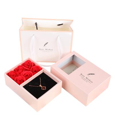 China Recycled Materials Paper Flower Jewelry Boxes Luxury Window Gift Box With 6 Soap Flowers for sale