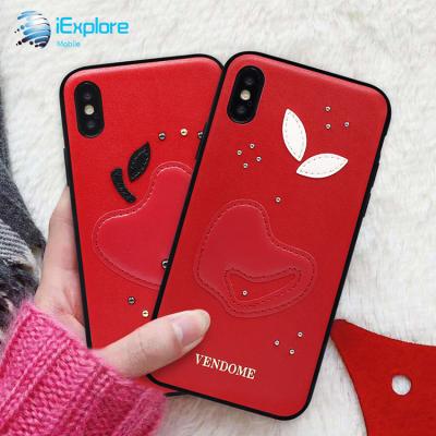 China iExplore Lovers 3D Manufacturer PC TPU 3D Fruit Lovers Hybrid Rivet Leather Case PU Leather Phone Case For Samsung S9 S10 M20 Vivo iPhone X XS Max for sale