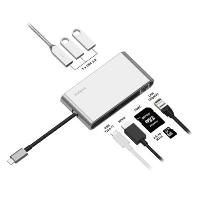 China 3xUSB 3.0 Metal 8-in-1 Type-C Hub with Type-C Hub Multiport Dock PD Card Reader LAN Station for sale