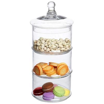 China 3 Tier Sustainable Round Glass Apothecary Stacking Jars For Candy And Cookie Dishes for sale