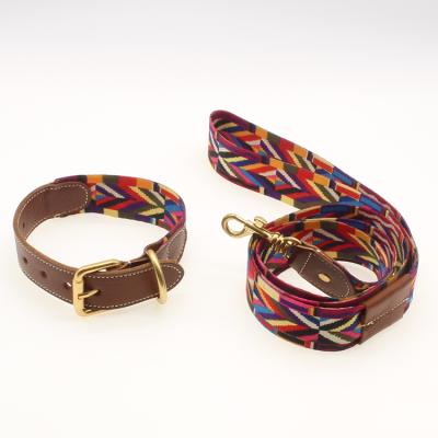 China QThonest Boho Padded High Quality Dog Collars Braided Luxury Cowhide Collar Dog Collar and Leash Set for sale