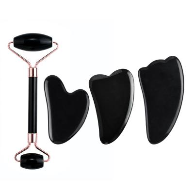 China Whitening Stone Facial Roller High Quality Guasha Face Roller Gua Sha Jade Roller Gua Sha Set Black Obsidian Wholesale for sale