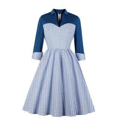 China Hepburn Wind Autumn Winter Long Sleeve V-Neck Plaid Woman Vintage Anti-Wrinkle Plus Size Dress for sale