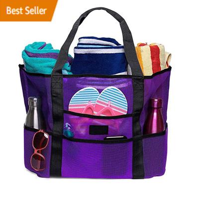 China Fashion Customize Durable Foldable Blue Mesh Beach Bag Toy Tote Bag For Beach Picnic for sale