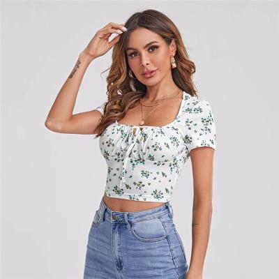 China QUICK DRY 2021 women cropped floral drawstring small square neck top tight fitting short sleeve T-shirt for sale