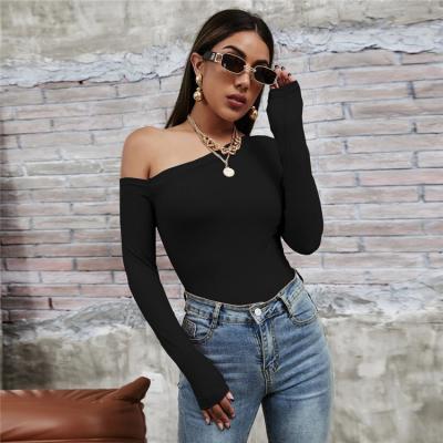 China 2021 QUICK-DRY Europe and the United States sexy diagonal temperament collar shoulder thin long-sleeved T-shirt knitted upper push-down shir for sale