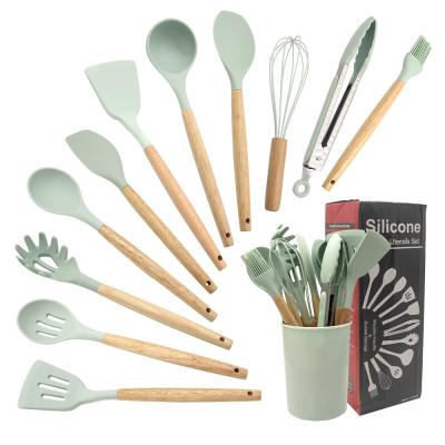 China Sustainable Wholesale 12Pcs Non Slip Custom RAYBIN Silicon Whole Kitchen Utensil Mint Green With Wooden Handle for sale