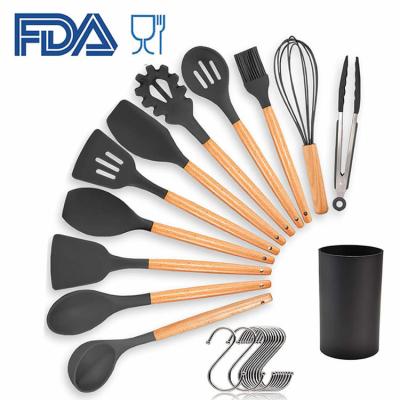 China Wholesale Custom Sustainable CE Non Stick Eco-Friendly 9 Stick Non 11 Pcs Black Silicone Kitchenware Utensil Sets With Bamboo Wooden Handle for sale