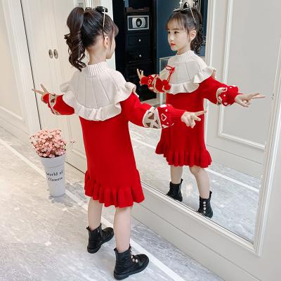 China 2021 New Anti-static Big Ruffle Girl's Knitted Dress Children's New Years Red Rose Dress For 4-9T for sale