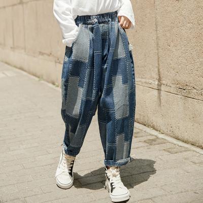 China 2021 Autumn New Fashion Teenager Girl's Big Viable Denim Casual Pants Blues Patchwork Jeans 4-15 Years Old for sale