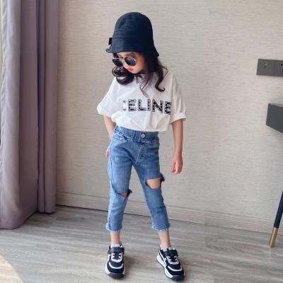 China 2021New Fashion Kids Girl Viable Summer Ripped Cropped Jeans Summer Denim Pencial Stylish Jeans 4-8T for sale