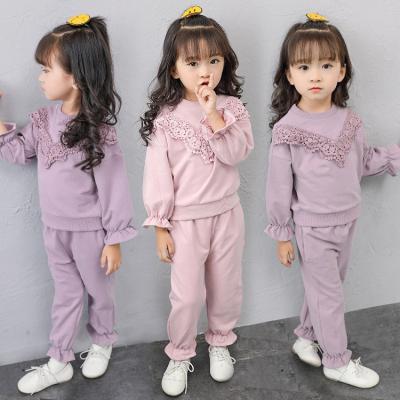 China 2020 Kids Girl Clothing Casual Long Sleeve Lace Solid Pink Purple 2 Pcs Sweatsuit Clothing Set For 3-7T for sale