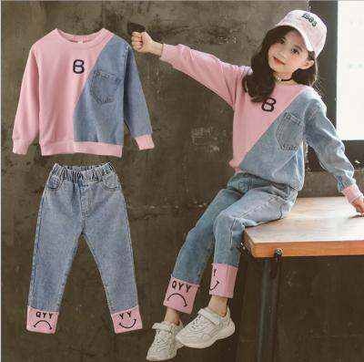 China 2020 Fashion Kids Girls Autumn Winter Denim Casual Patchwork Large Sweatsuit Girl Tracker Set 4-9T for sale