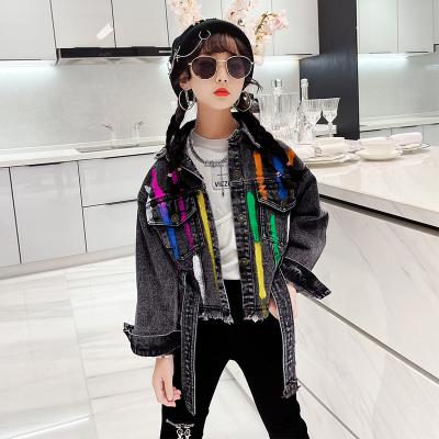 China 2021 Autumn Fashions Teenage Girl Black Viable Blue Casual Denim Jacket With Rainbow Print 5-15 Years Old for sale