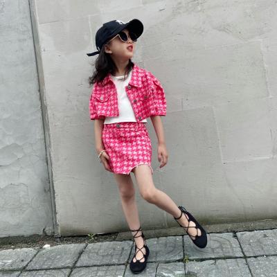 China 2021 New Fashion Kids Girl Casual Pink Outfit For Summer Stylish Short Sleeve Pink Jacket +Skirt 2 pcs Set for sale