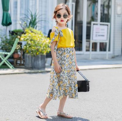 China 2020 Summer Kid Girl 2 Pcs Casual Dress Set Elegant Yellow Top + Floral Print Skirt Fashion Girl Sweet 2 Pcs Big Set for sale