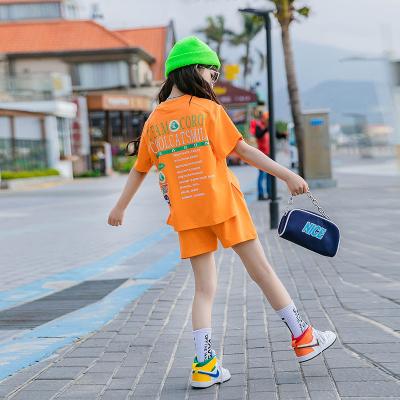 China 2021 New Children Girl Casual Short Sleeve Letter Printed Clothing Cute Orange Girl Outfit Set Children Set 4-10T for sale