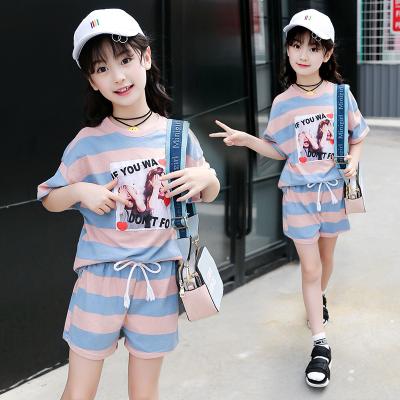 China 2021 Summer Teenage Girl Casual 2 Pcs Short Set Big Cute Striped Girl Outfit Set Sportswear Set 4-9T for sale