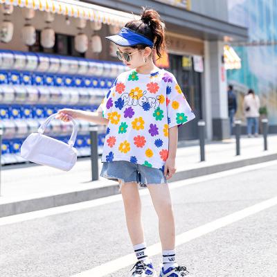 China 2021 New Large Viable Short Sleeve Girl's White Shirt With Cute Sunflower Floral Printed Summer Senior 4-15 Years Old for sale