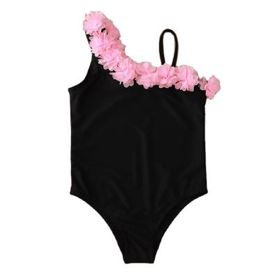 China 2021 New Breathable Summer Baby Toddler Bikini Black One Piece Swimsuit With Pink Flowers For 2-5 Years for sale