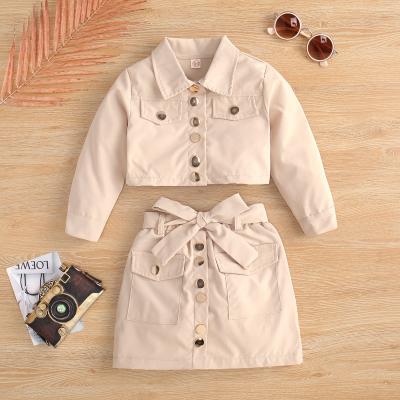 China 2021 New Kid Girl Casual Beige 2 Pcs Kids Girl Crop Set Jacket+Skirt With Buttons Uniform Set 2-6 Years Old for sale