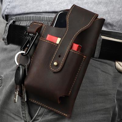 China New Retro Men's Phone Bag Horse Leather Belt Crazy Fanny Pack Multifunctional Anti-theft Leather Waist Bag for sale