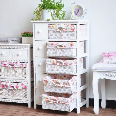 China Factory Price Durable White European Chic Entryway Bedroom Wicker Basket Wooden Storage Cabinet Drawers for sale