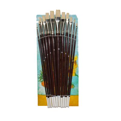 China 12pcs Hog Drawing Bristle Tilt Flat Black Handle Paint Brush Set for Acrylic Artist Painting Art Supplies Watercolor Gouache Painting for sale