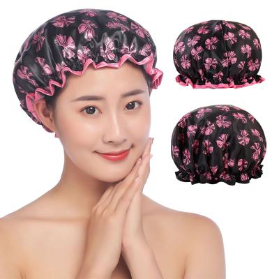 China Wholesale Custom Viable Pattern Printed EVA Satin Bathe Spa Shower Waterproof Hat For Girls Women for sale