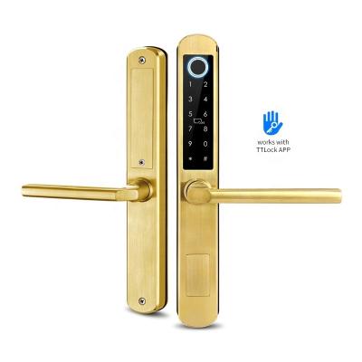 China Udohow 304 Stainless Steel Ttlock App Wooden Waterproof Fingerprint Password Keyless Entry Smart Sliding Aluminum Door Lock for sale