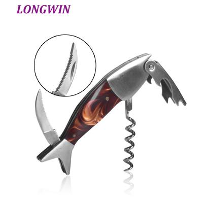 China Disposable Fish Shape Wooden Handle Sommelier's Corkscrews Fish Twists All In One Stainless Wine Opener Wine Openers for sale