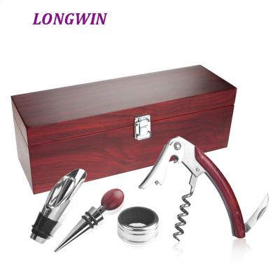 China Sustainable Wooden Box Wine Opener Gift Set Gift Set of 4 Piece Corkscrew Wine Openers for One Bottle Wine for sale