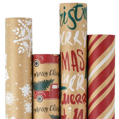 China Popular Recycled Materials Amazon Hot Sale Truck Snowflake Design Christmas Gift Wrapping Roll Custom 80gsm Kraft Paper Gift Wrapping Paper for sale