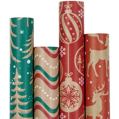 China Recycled paper materials OEM brown wrapping paper verpakking printing 100% recycled Christmas gift wrapping paper 30 inch*10 feet 4 rolls for sale